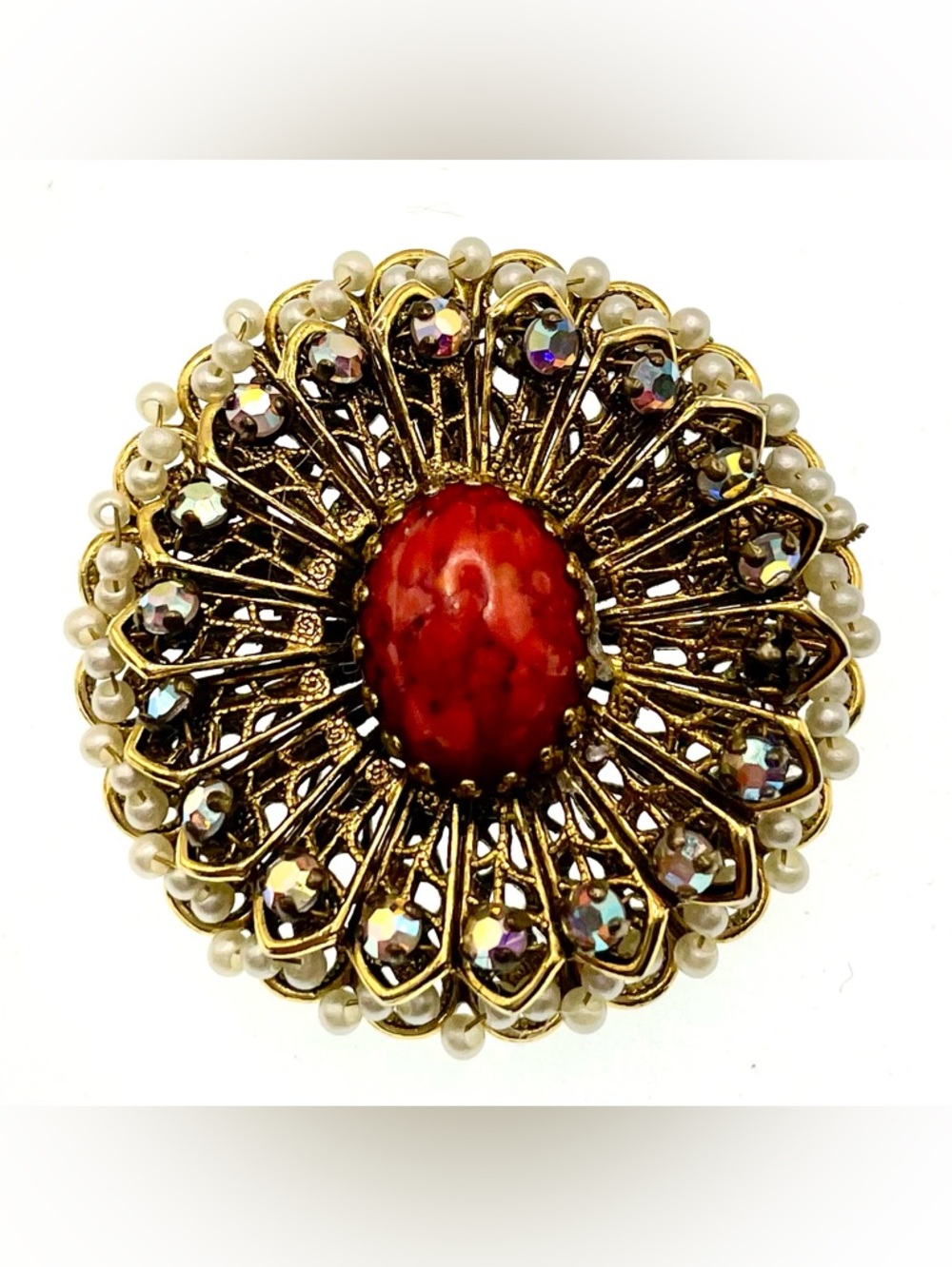 Vintage 1950s Gold Tone Filigree Brooch Pendant Red Cabochon AB Rhinestone MCM